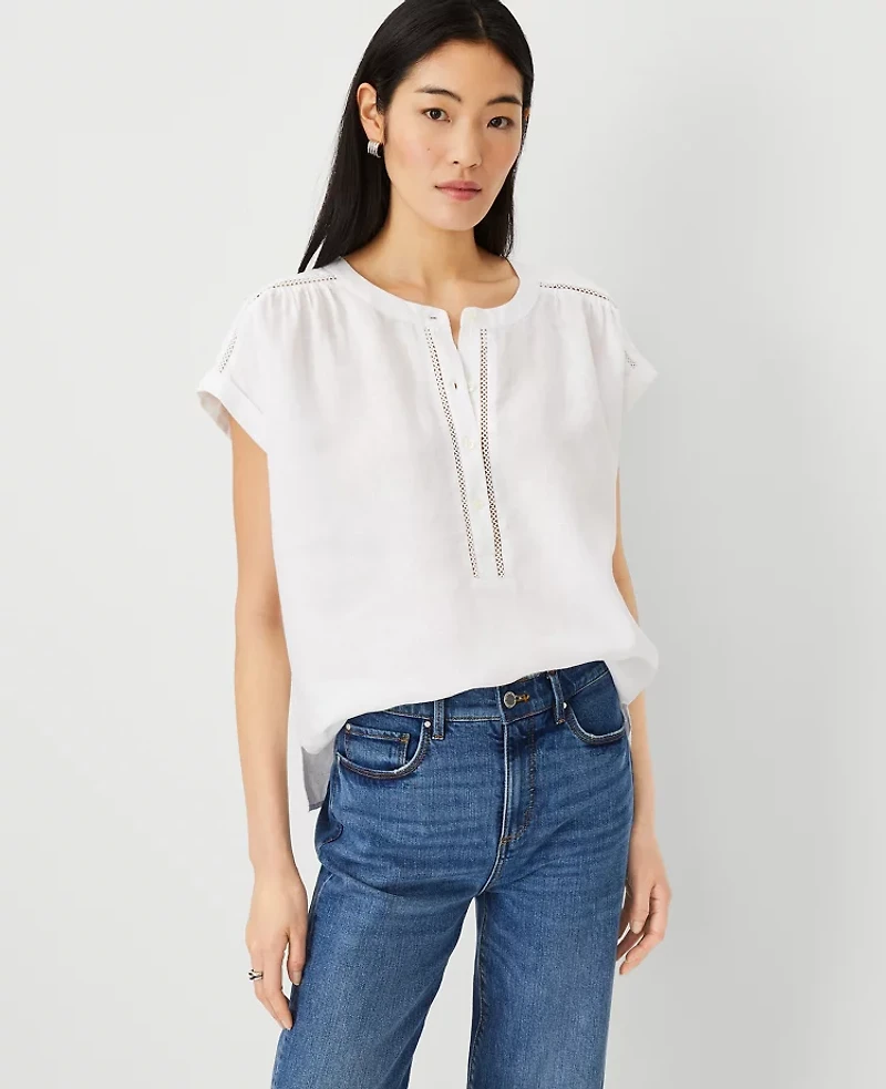 Ann Taylor Linen Cutout Framed Popover Top White Women's