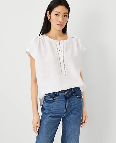 Ann Taylor Linen Cutout Framed Popover Top White Women's