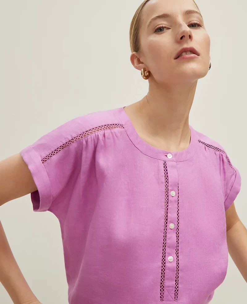 Ann Taylor Linen Cutout Framed Popover Top Women's