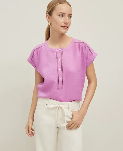 Ann Taylor Linen Cutout Framed Popover Top Women's