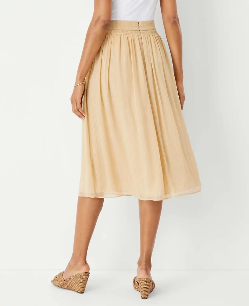 Ann Taylor Metallic Dobby Stripe Shirred Waist Midi Skirt Size 14 Toasted Oat Women's