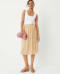 Ann Taylor Metallic Dobby Stripe Shirred Waist Midi Skirt Size 14 Toasted Oat Women's