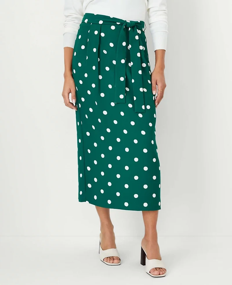 Ann Taylor Petite Dotted Tie Waist Pleated Midi Skirt Size 00 Fresh Evergreen Women's