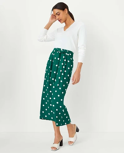 Ann Taylor Petite Dotted Tie Waist Pleated Midi Skirt Fresh Evergreen Women's