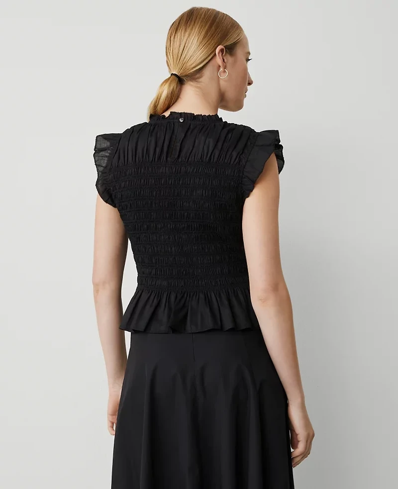 Ann Taylor Smocked Ruffled Top Black Women's