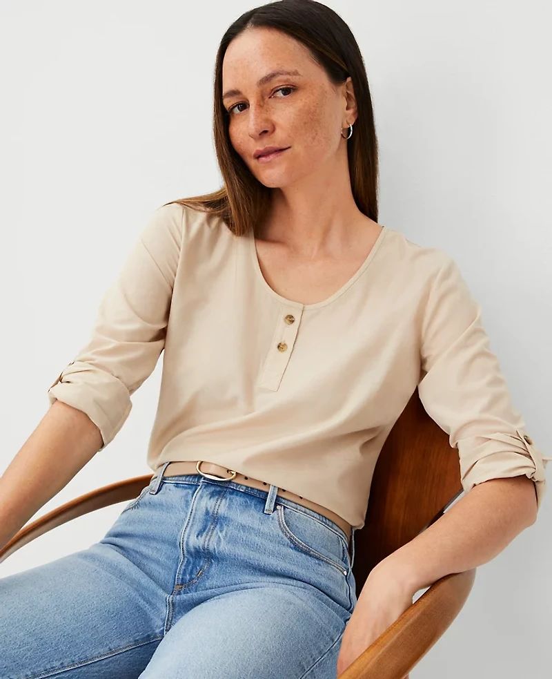 Ann Taylor Roll Tab Sleeve Top Size Medium Toasted Oat Women's