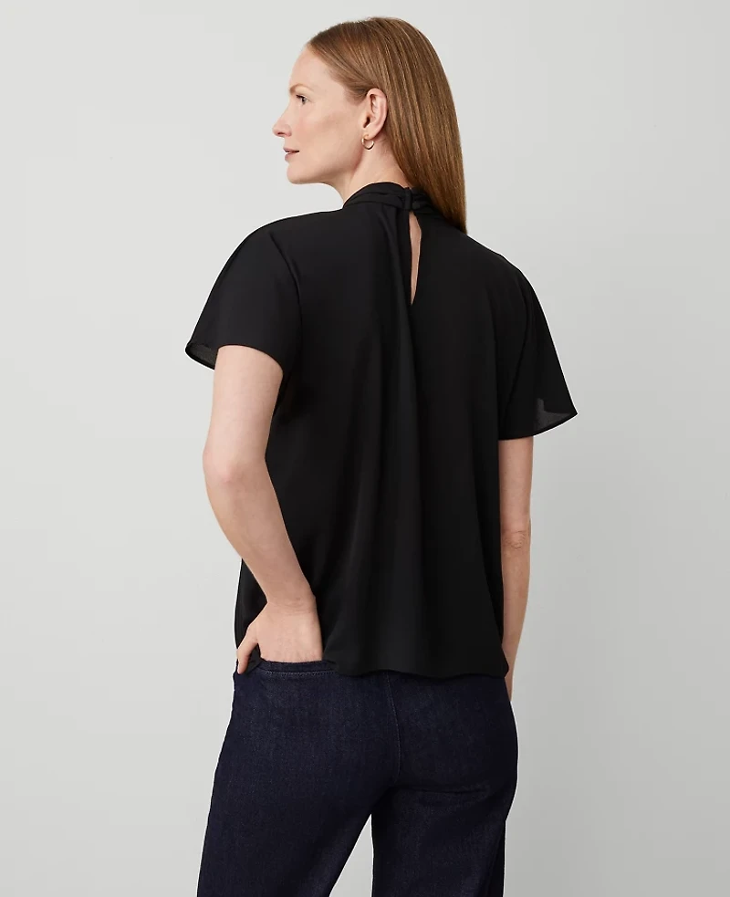 Ann Taylor Mock Tie Neck Blouse Size XS Black Women's