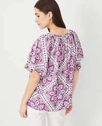 Ann Taylor Petite Tile Flounce Sleeve Popover Top Magenta Shadow Women's