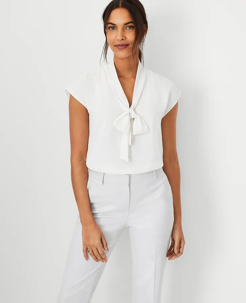 Ann Taylor Petite Tie Neck Cap Sleeve Top Size 2XS Winter White Women's