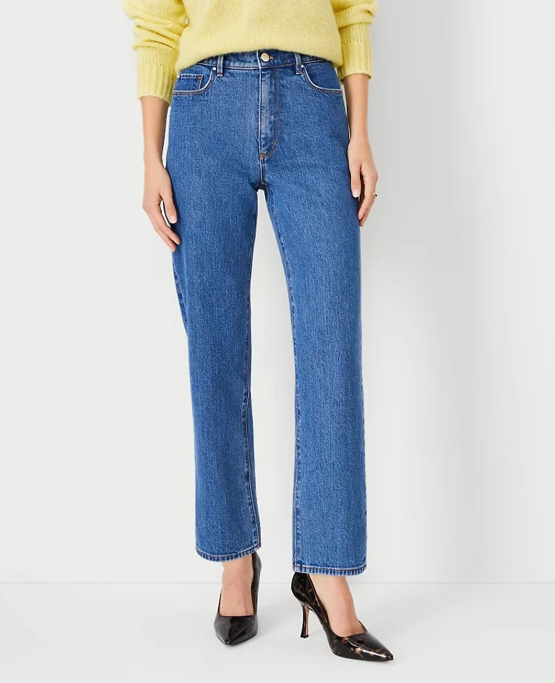 Ann Taylor High Rise Straight Jeans Vintage Mid Indigo Wash Women's