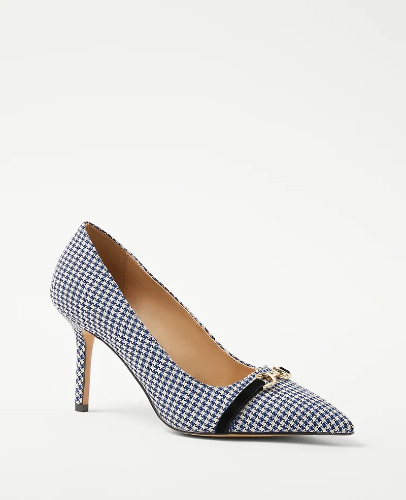 Ann Taylor Houndstooth Buckle Pointy Toe Pumps Size 5 Blue/White Combo Women's