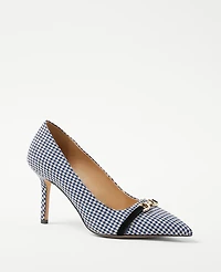 Ann Taylor Houndstooth Buckle Pointy Toe Pumps Size 5 Blue/White Combo Women's