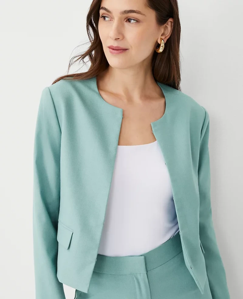 Ann Taylor The Petite Crew Neck Jacket in Texture Size 14 Peacock Teal Melange Women's