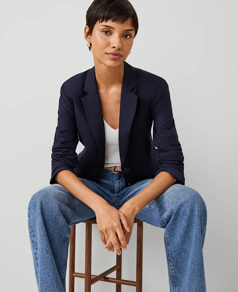 Ann Taylor The Petite Greenwich Blazer in Linen Blend Size 00 Night Sky Women's