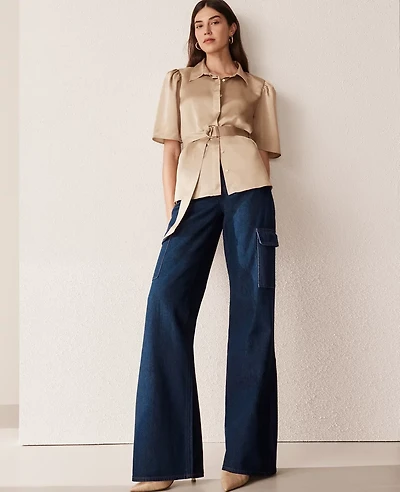 Ann Taylor The Wide-Leg Cargo Jean Size 0 Classic Rinse Wash Women's