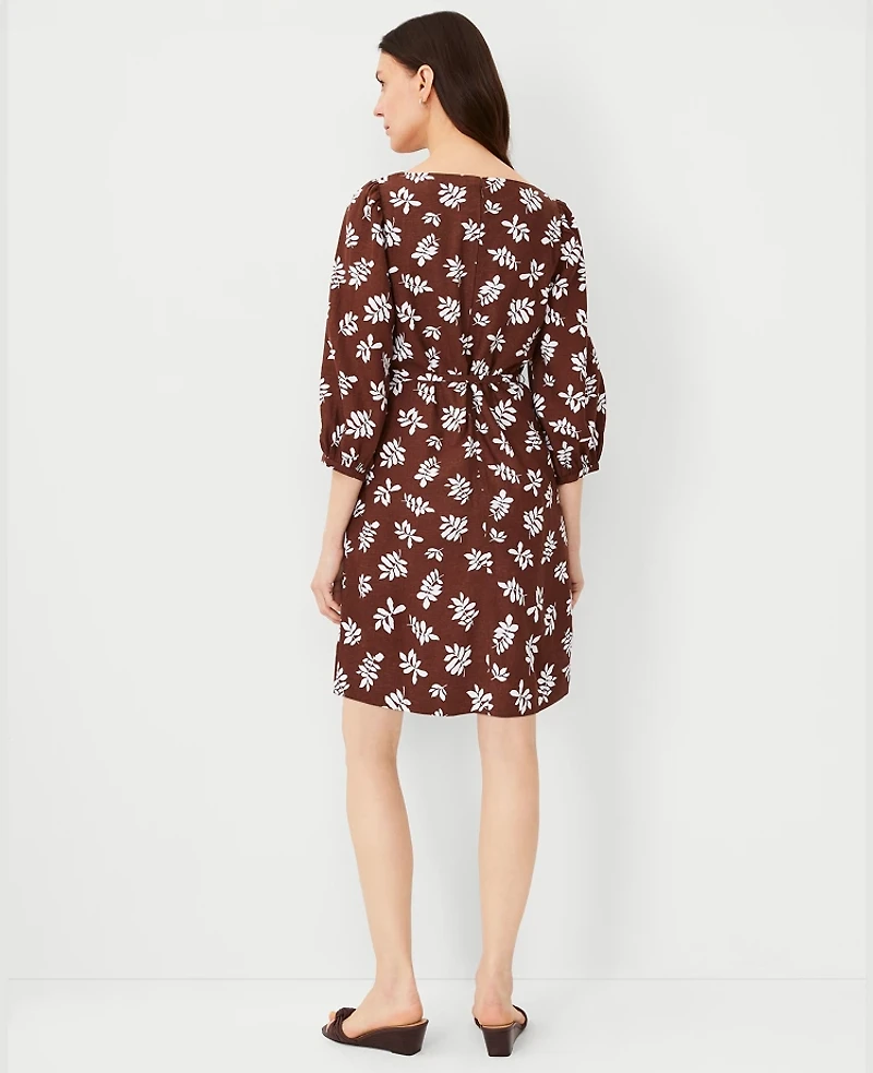 Ann Taylor Petite Leafed Linen Blend Puff Sleeve Shift Dress Size 00 Brown Stone Women's