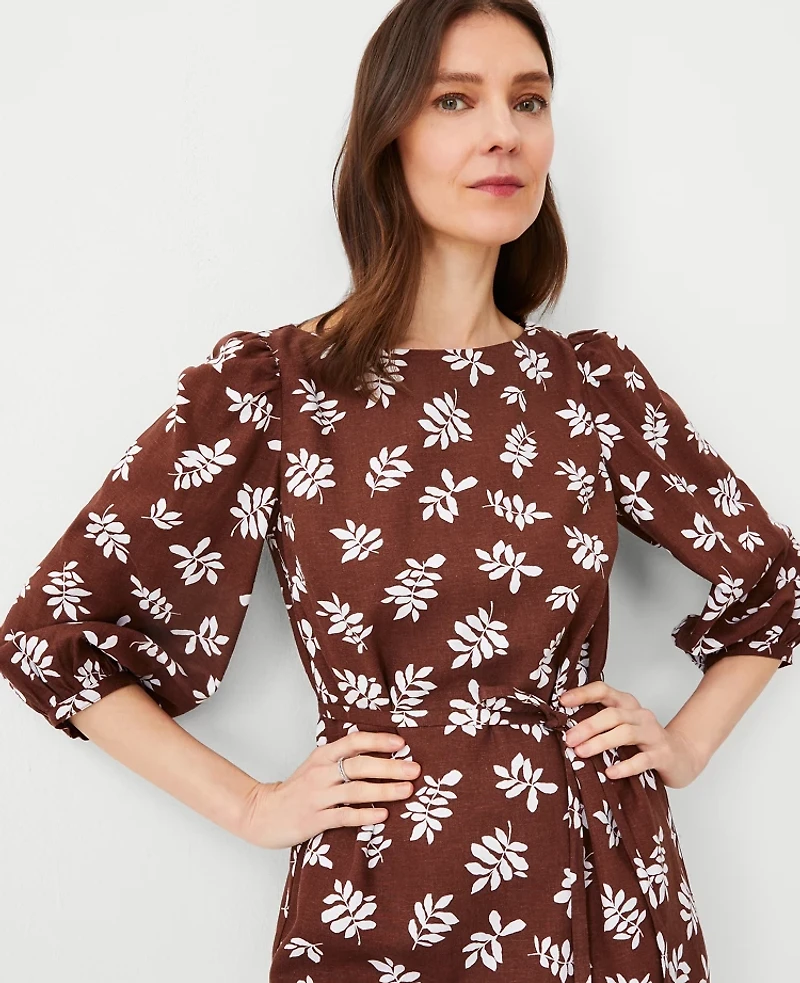 Ann Taylor Petite Leafed Linen Blend Puff Sleeve Shift Dress Size 00 Brown Stone Women's