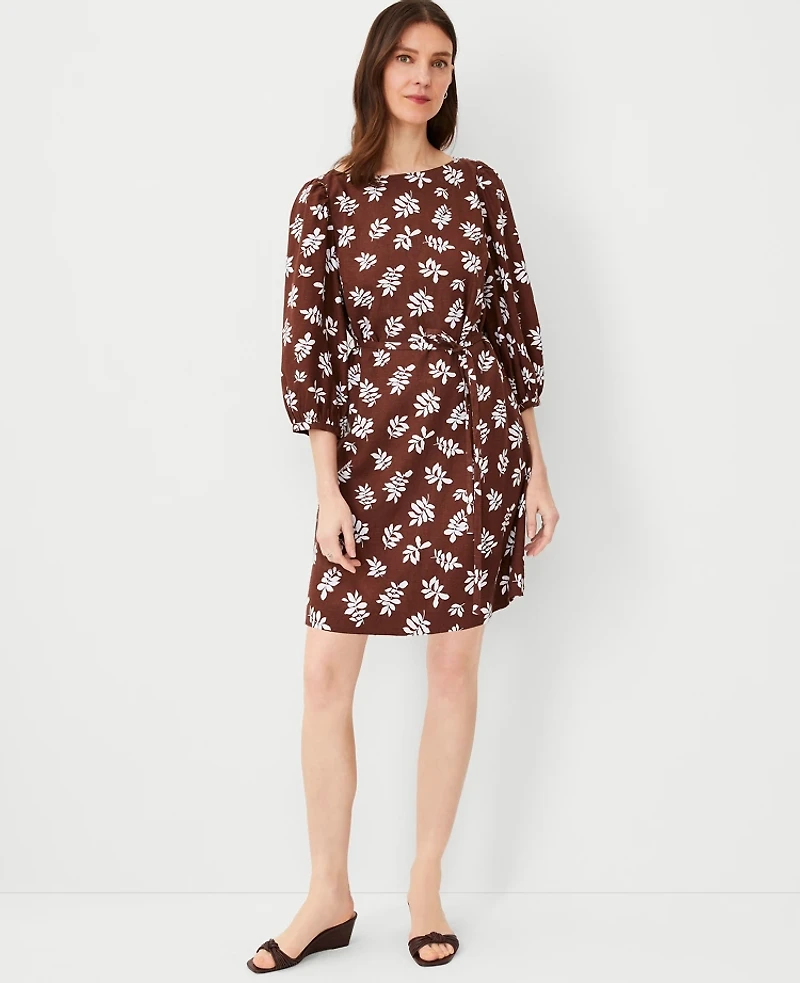Ann Taylor Petite Leafed Linen Blend Puff Sleeve Shift Dress Size 00 Brown Stone Women's