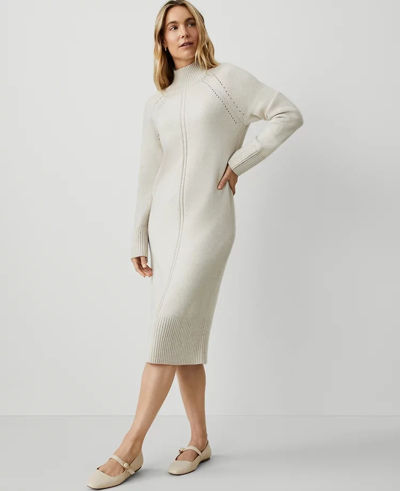 Ann Taylor Weekend Collection Mock Neck Raglan Sweater Dress Pale Sand Heather Women's