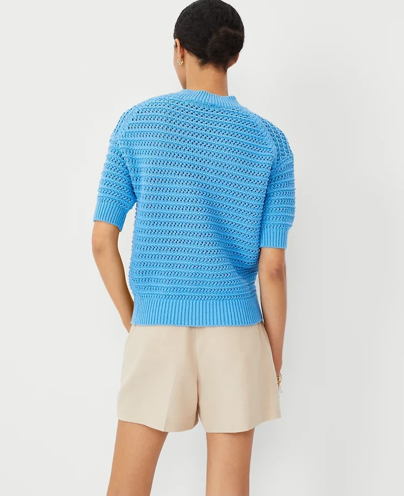 Ann Taylor Petite Stitchy Sweater Cerulean Blue Women's