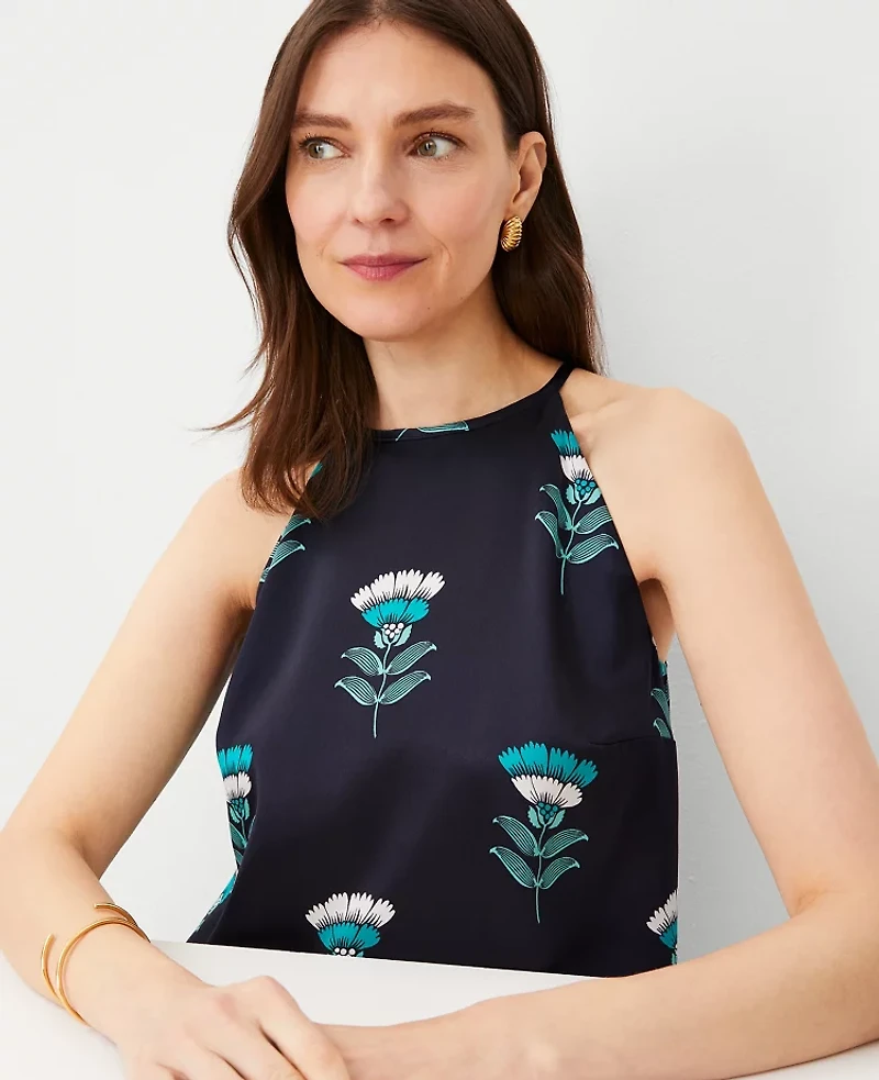 Ann Taylor Studio Collection Floral Silk Halter Top Size XS Night Sky Women's