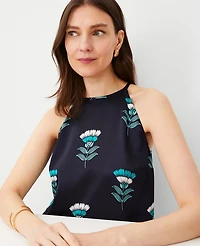 Ann Taylor Studio Collection Floral Silk Halter Top Size XS Night Sky Women's