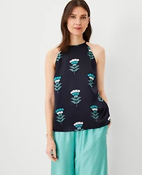 Ann Taylor Studio Collection Floral Silk Halter Top Size XS Night Sky Women's