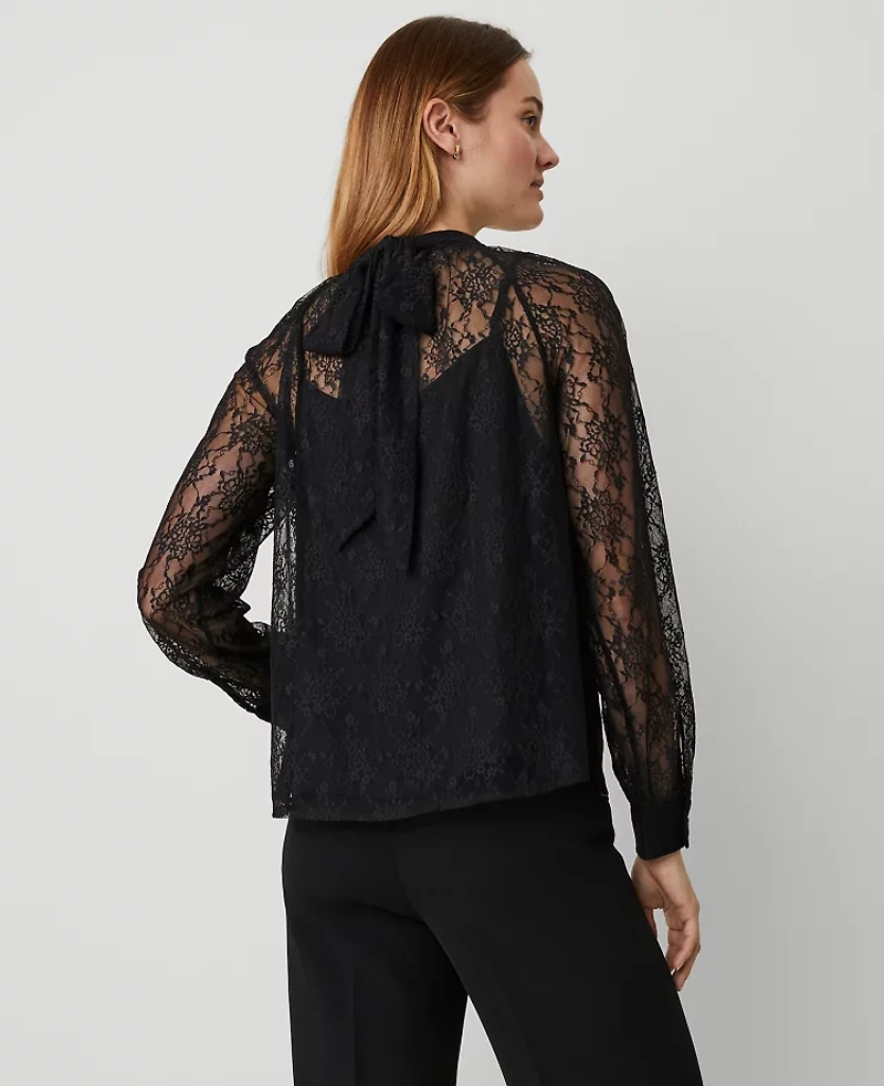 Ann Taylor Lace Mock Neck Blouse Black Women's