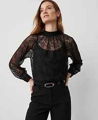 Ann Taylor Lace Mock Neck Blouse Black Women's