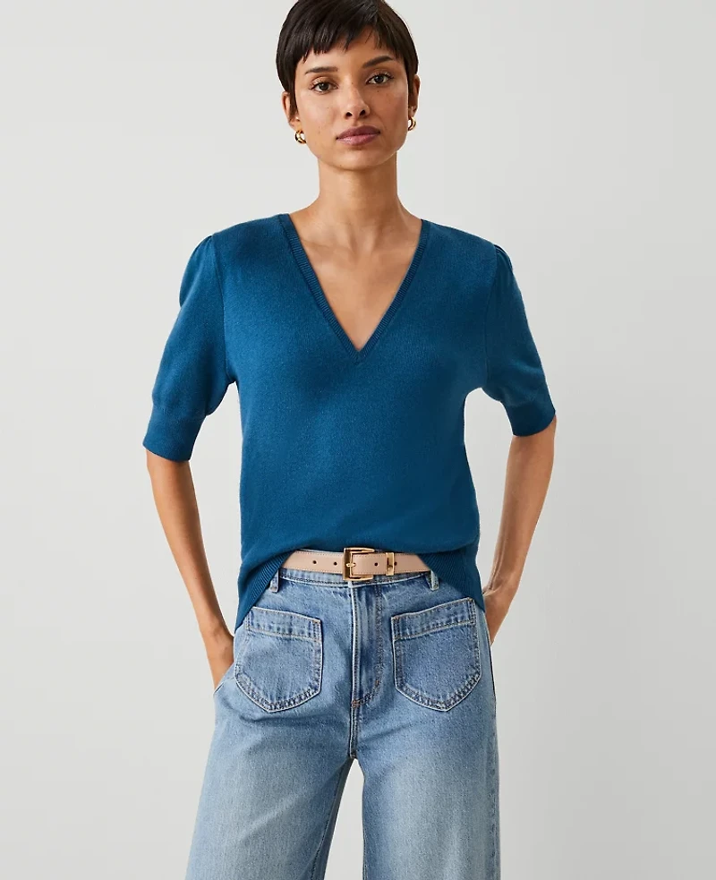 Ann Taylor Puff Sleeve V-Neck Sweater Size XS Underwater Teal Women's