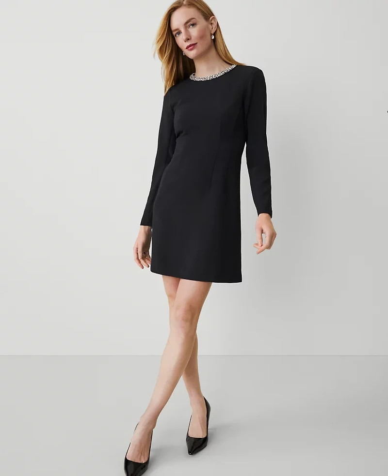Ann Taylor Jeweled-Neck Dress Size 4 Black Women's