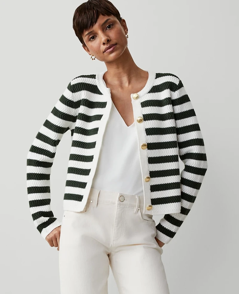 Ann Taylor Petite Striped Stitched Jacket Green/White Stripe Women's