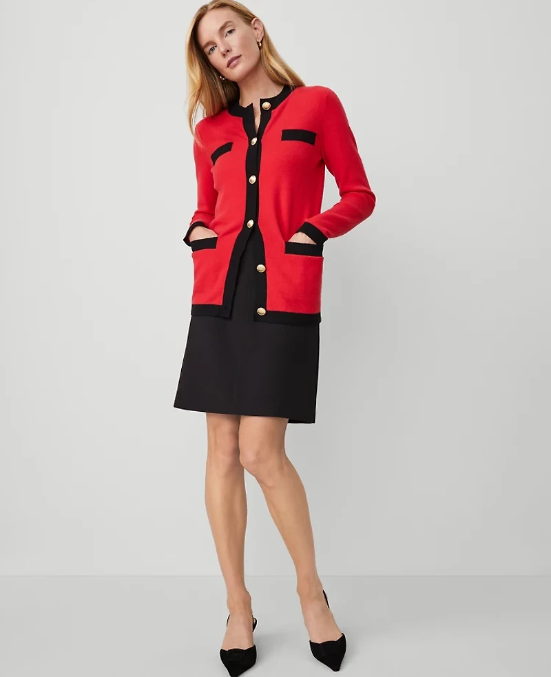 Ann Taylor Contrast Trim Boyfriend Cardigan Red/Black Multi Women's