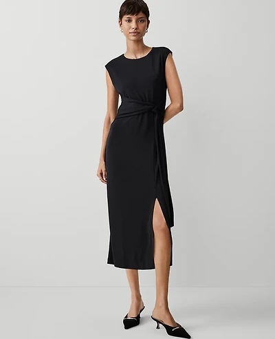 Ann Taylor Petite Knit Belted Column Maxi Dress Size 00 Black Women's