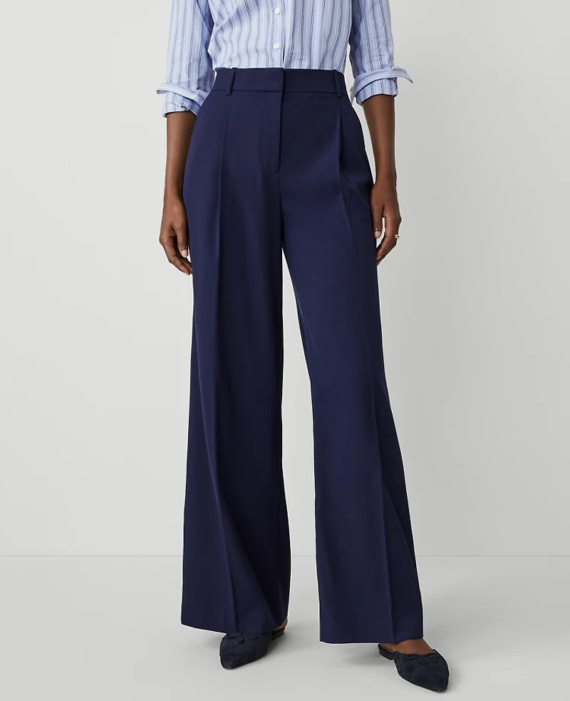 Ann Taylor The Petite Pleated Wide Leg Pant Textured Drape Navy Women's