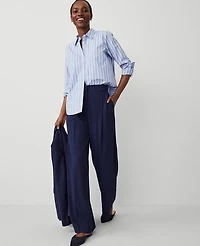 Ann Taylor The Petite Pleated Wide Leg Pant Textured Drape Navy Women's