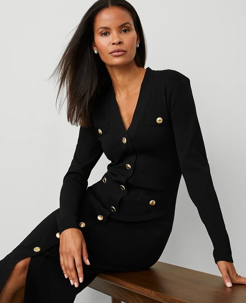 Ann Taylor Button Front V-Neck Sweater Dress Size XS Black Women's