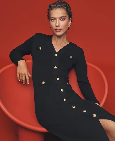 Ann Taylor Button Front V-Neck Sweater Dress Size XS Black Women's
