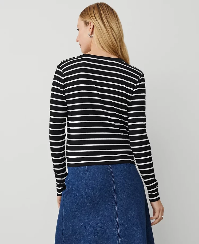 Ann Taylor Weekend Collection Striped V-Neck Cardigan Black Women's