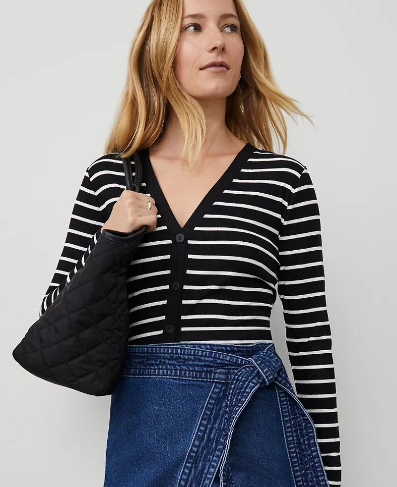 Ann Taylor Weekend Collection Striped V-Neck Cardigan Black Women's