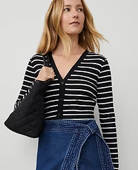 Ann Taylor Weekend Collection Striped V-Neck Cardigan Black Women's