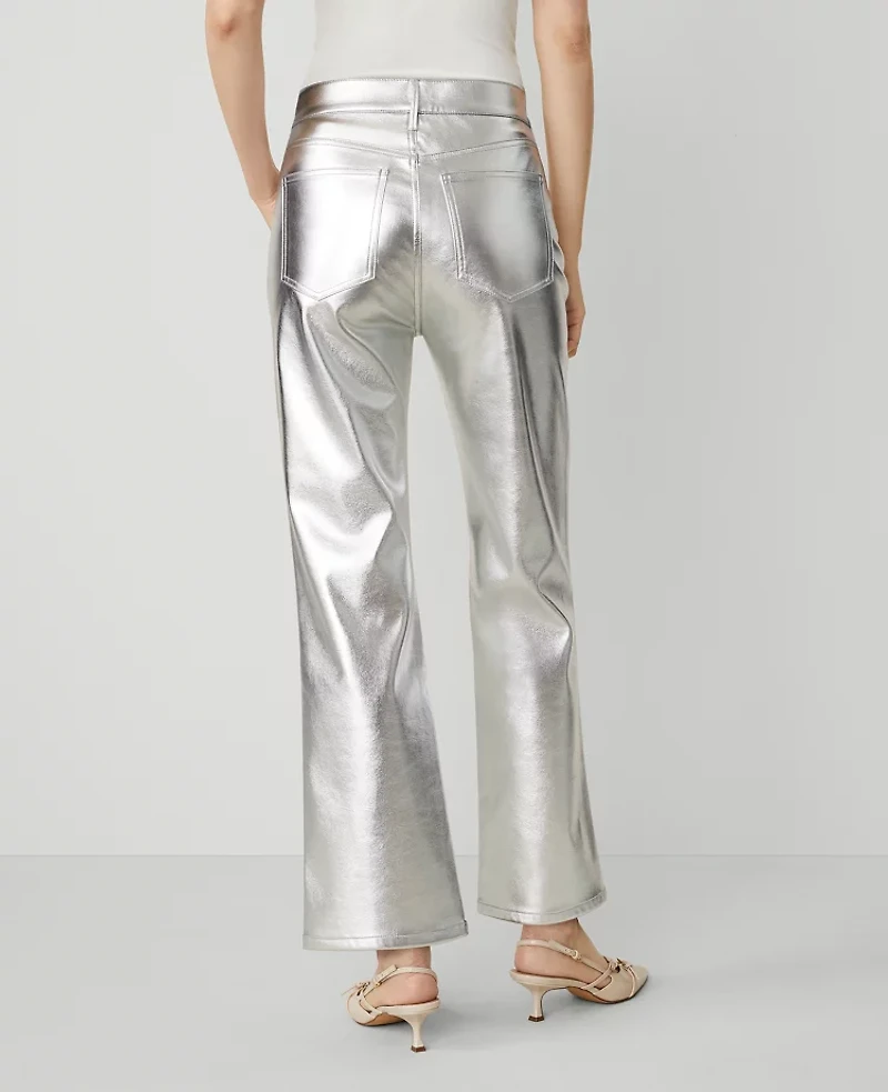 Ann Taylor The Ankle Boot Pant Metallic Faux Leather Silver Women's