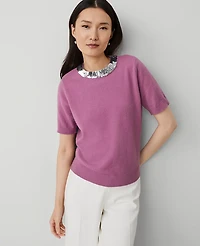 Ann Taylor Sequin Neck Short Sleeve Sweater Size XS Autumn Rose Women's