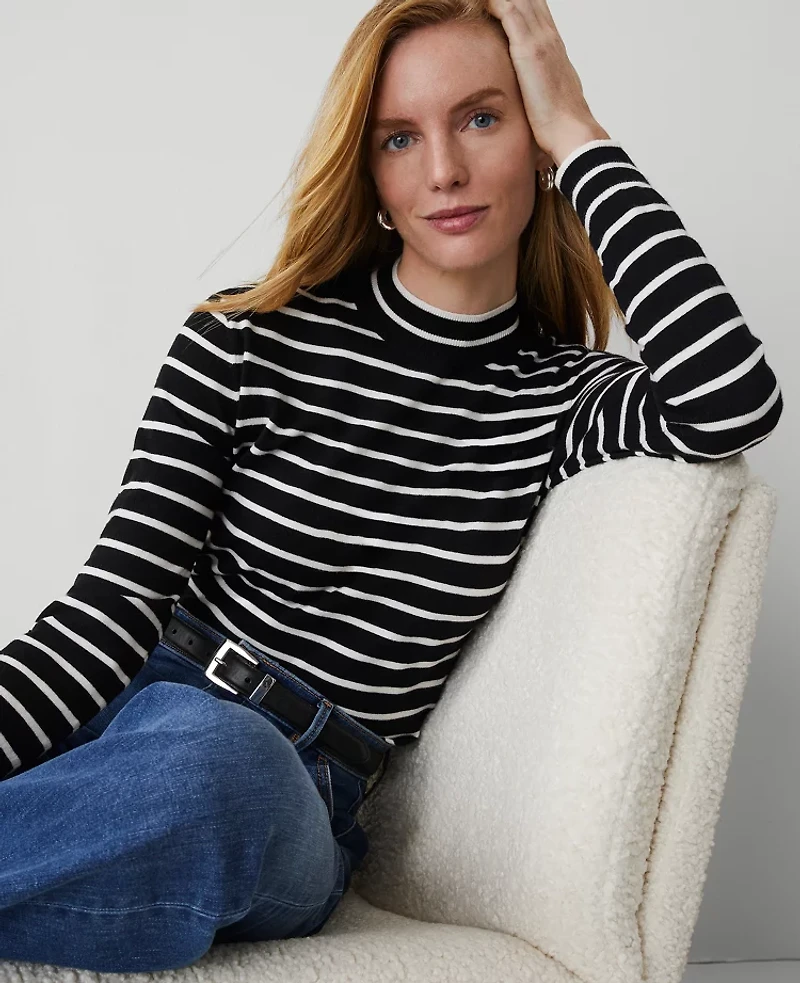 Ann Taylor Essential Stripe Mock-Neck Sweater Black/White Combo Women's