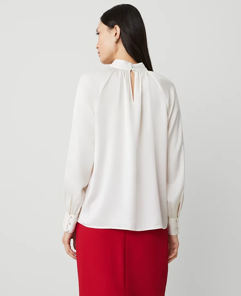 Ann Taylor Mock Neck Shirred Front Popover Top Size XL Winter White Women's