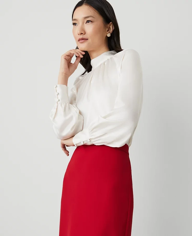 Ann Taylor Mock Neck Shirred Front Popover Top Size XL Winter White Women's