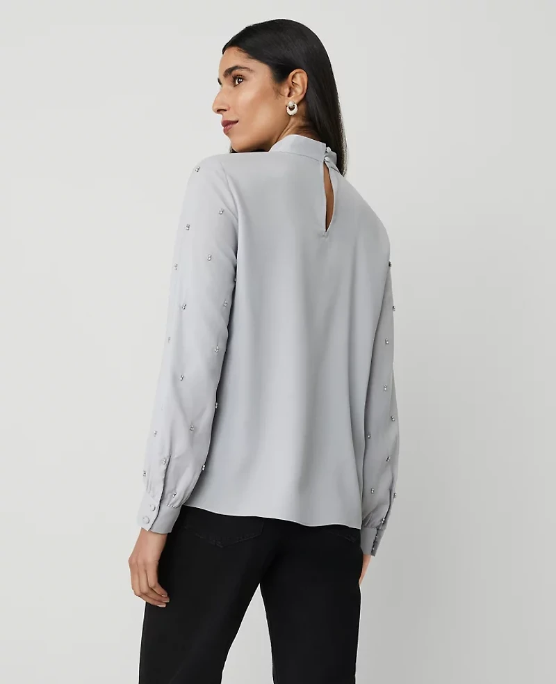 Ann Taylor Embellished-Sleeve Mock-Neck Top Magnesium Women's