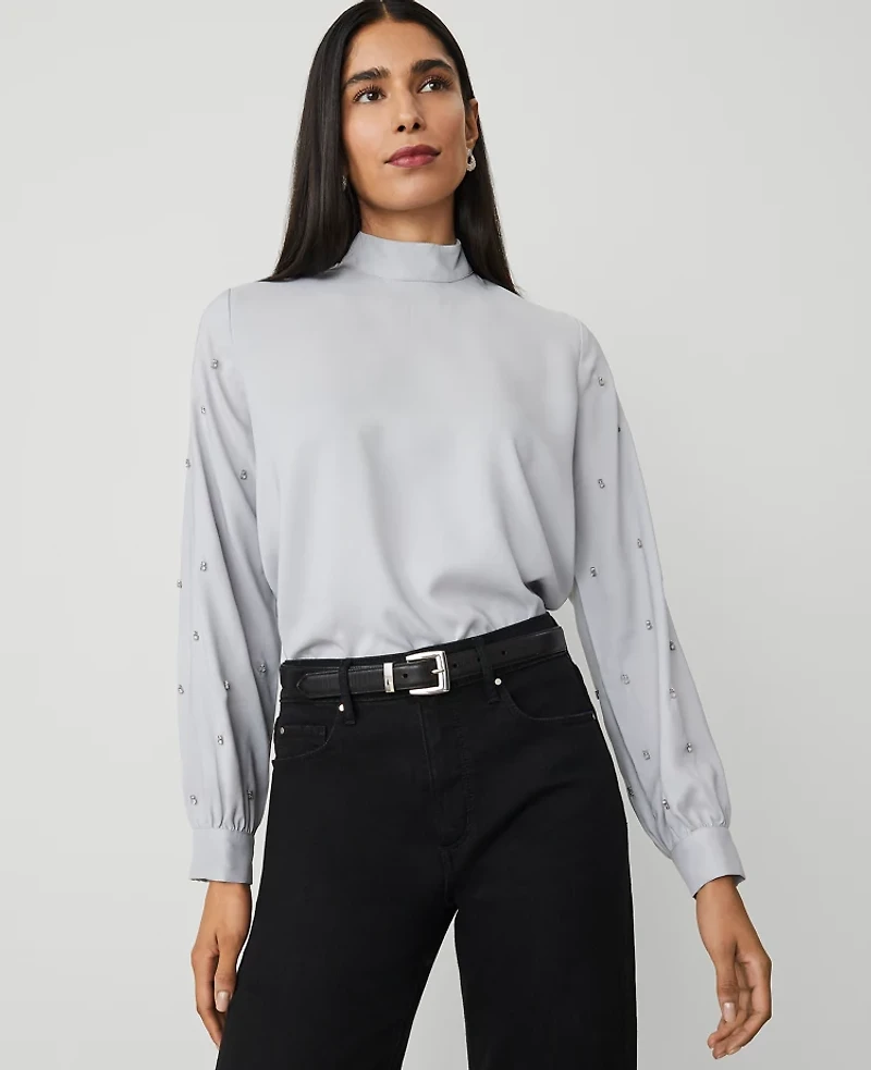 Ann Taylor Embellished-Sleeve Mock-Neck Top Magnesium Women's