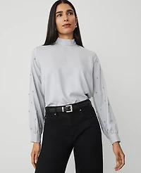 Ann Taylor Embellished-Sleeve Mock-Neck Top Magnesium Women's