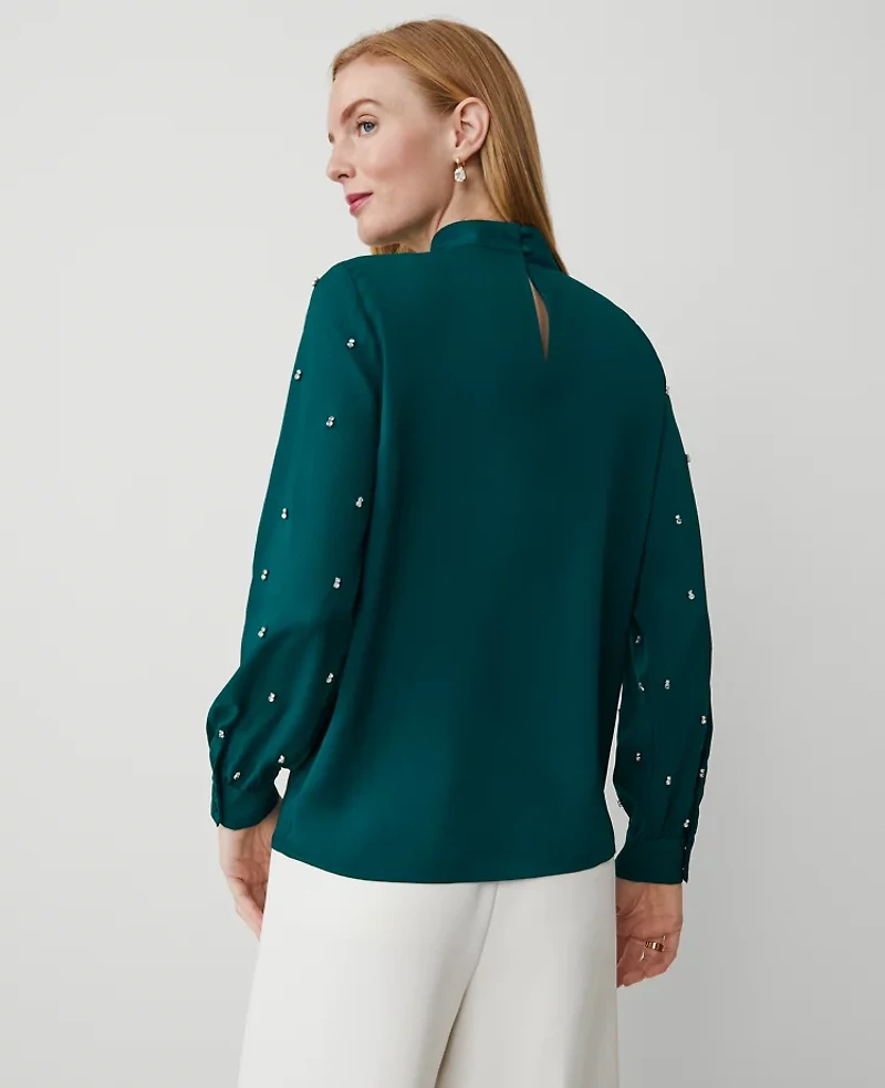 Ann Taylor Embellished-Sleeve Mock-Neck Top Size XS Rainforest Women's
